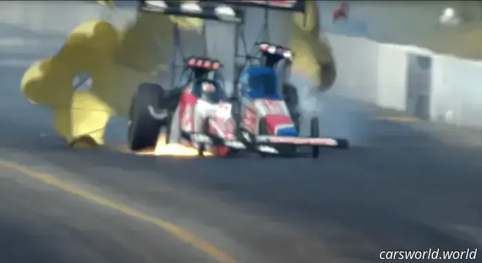 Болиды NHRA Top Fuel разбились после разгона до 335 миль в час, опрокинув Тони Стюарта на бок.