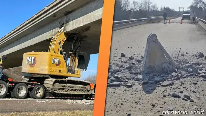 Excavator Strikes Bridge with Such Force That the Arm Breaks Through the Roadway Above