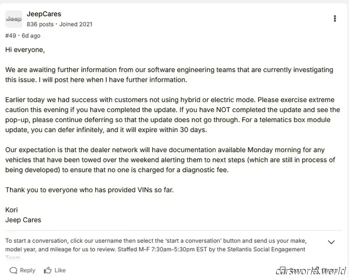 Los propietarios del Jeep Wrangler 4xe siguen esperando respuestas una semana después de que una actualización dejara inservibles sus vehículos.
