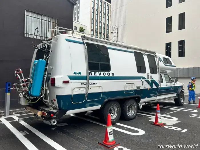 This massive six-wheeled Ford RV has been residing in Tokyo for years and continues to be driven.