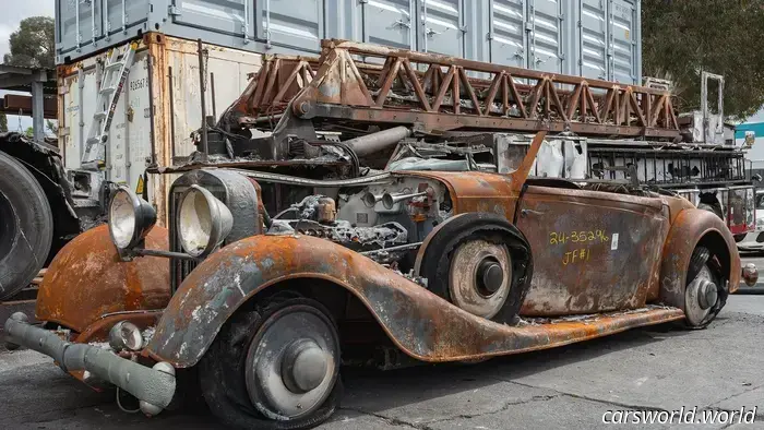 The charred remains of a 1934 Hispano Suiza Concours were sold for $224,000.