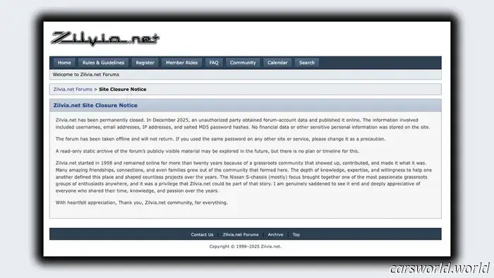 The original Nissan 240SX forum, Zilvia.net, abruptly closes after 27 years of operation.