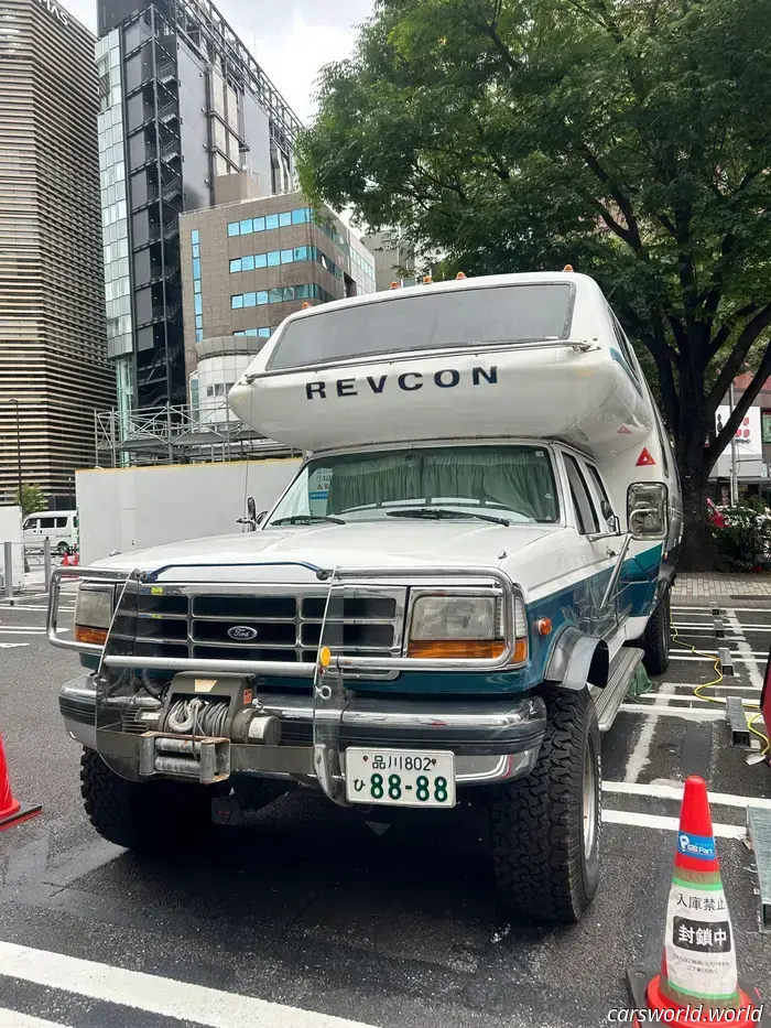 This massive six-wheeled Ford RV has been residing in Tokyo for years and continues to be driven.