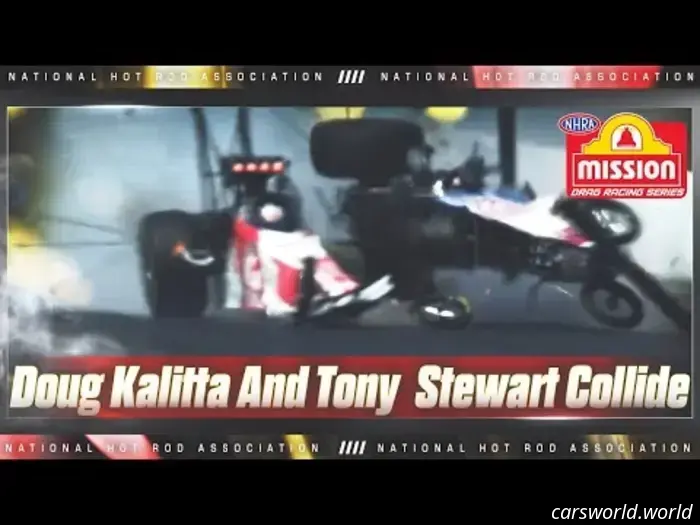 Болиды NHRA Top Fuel разбились после разгона до 335 миль в час, опрокинув Тони Стюарта на бок.