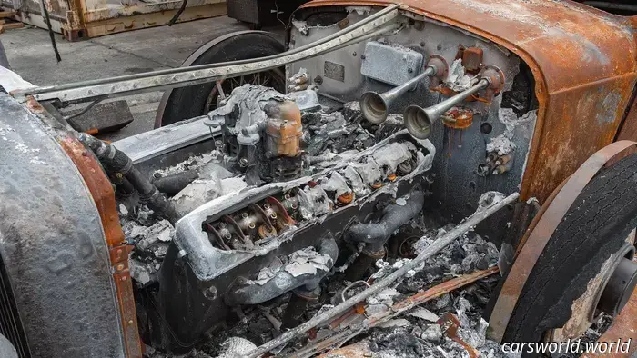 The charred remains of a 1934 Hispano Suiza Concours were sold for $224,000.