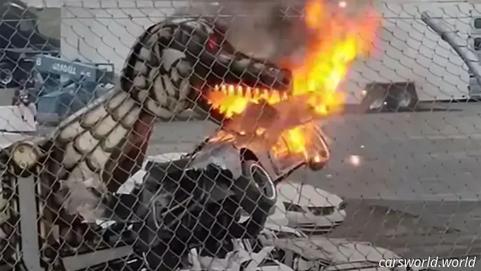 The Fastest Car of 2007 Was Recently Destroyed by Monster Trucks and Offered to Mecha Godzilla.
