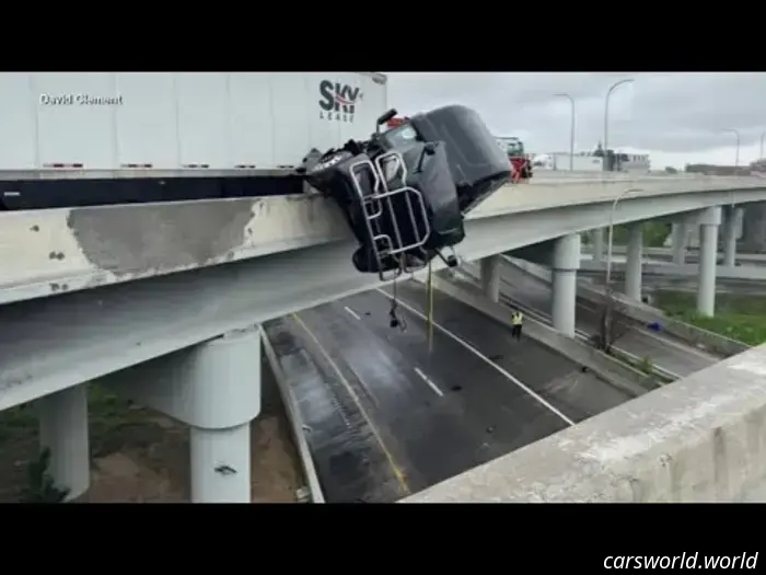 Remarkably Swift Crane Rescue Averts Disaster for Semi-Truck Driver Hanging from Bridge