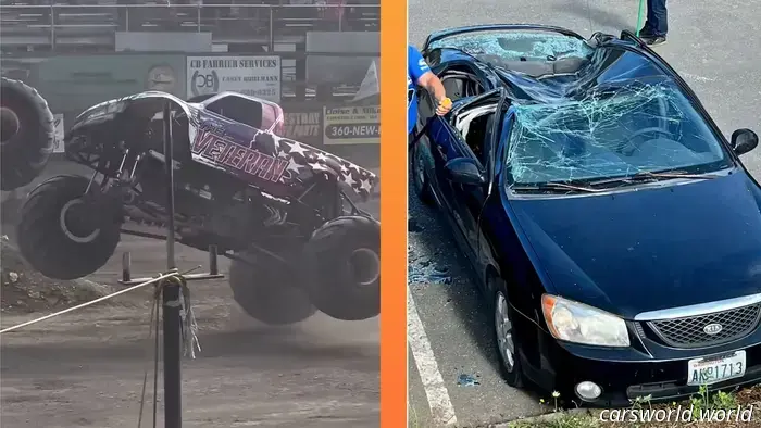 Monster Truck Show Becomes Frightening as a Stray Tire Smashes Spectator’s Kia
