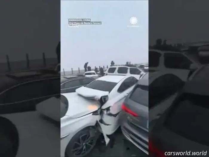 Frightening footage captures over 100 vehicles colliding on a foggy highway.