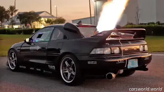 This Toyota MR2, equipped with a supercharger from a Chinook helicopter turbine, can shoot flames.