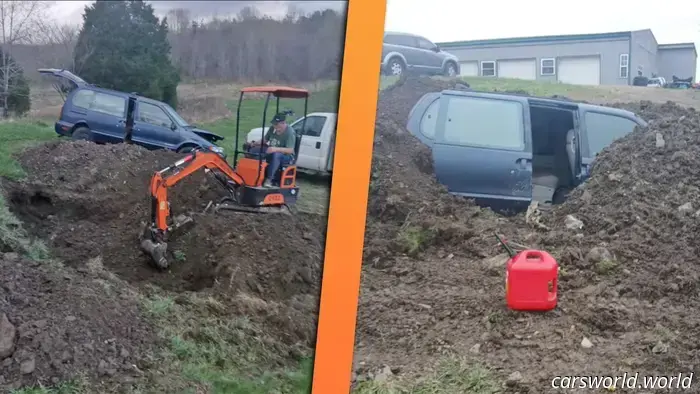 La Gente de Kentucky Entierra una Minivan Con Una Excavadora Temu para Crear un Refugio contra Tormentas de BRICOLAJE