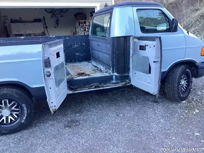 For Sale: Dodge Ram Van Transformed into a Pickup That Resembles a Fridge Illustration