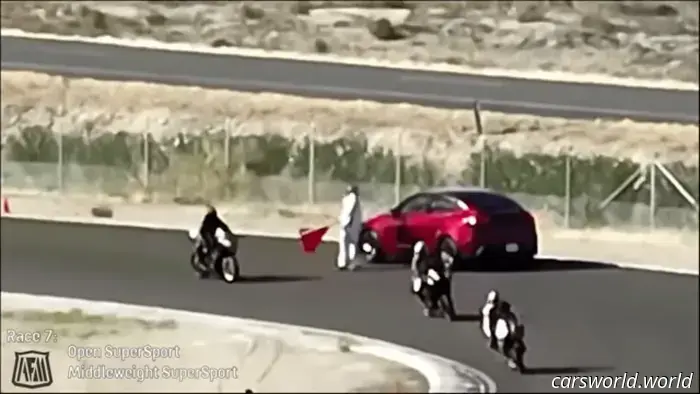 A Lost Tesla Goes the Wrong Way on the Hot Track During a Live Race Broadcast.