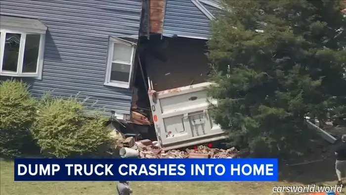 Observe the hole created by this 73,000-pound dump truck in a New Jersey home.